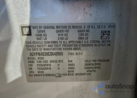 2012 Cadillac Srx Luxury Collection from USA, damaged, VIN 3GYFNAE38CS643563